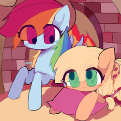 Size: 1000x1000 | Tagged: safe, artist:blackwhite, applejack, rainbow dash, earth pony, pony, g4, applejack's hat, clothes, cowboy hat, cute, dashabetes, female, fire, fireplace, hat, jackabetes, lesbian, looking at each other, mare, pillow, ship:appledash, shipping, smiling