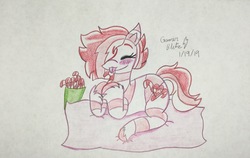 Size: 2438x1536 | Tagged: safe, artist:gmangamer25, oc, oc only, oc:peppermint sweet (ice1517), earth pony, pony, blushing, candy, candy cane, eyes closed, female, food, hair over one eye, licking, mare, markings, pillow, solo, tongue out, traditional art, unshorn fetlocks