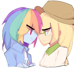 Size: 1000x1000 | Tagged: safe, artist:blackwhite, applejack, rainbow dash, human, equestria girls, g4, angry, applejack's hat, boop, clothes, cowboy hat, female, freckles, hat, lesbian, looking at each other, noseboop, ship:appledash, shipping, simple background, white background