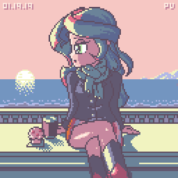 Size: 1024x1024 | Tagged: dead source, safe, artist:theratedrshimmer, sunset shimmer, human, equestria girls, g4, 8-bit, beach, beautiful, boots, clothes, coffee, crossed legs, cute, female, food, jacket, miniskirt, muffin, pixel art, scarf, shoes, skirt, sky, solo, sunset, water
