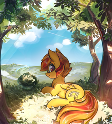 Size: 2539x2813 | Tagged: safe, artist:mirroredsea, oc, oc only, oc:anonymous sandwich, pegasus, pony, g4, cloud, glasses, high res, looking at you, male, scenery, sky, smiling, solo, stallion, tree