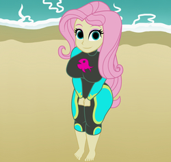 Size: 1900x1800 | Tagged: dead source, safe, artist:mashoart, fluttershy, equestria girls, equestria girls series, g4, barefoot, beach, big breasts, breasts, busty fluttershy, clothes, cute, feet, female, fluttershy's wetsuit, looking at you, no catchlights, sand, smiling, solo, swimsuit, water, wetsuit