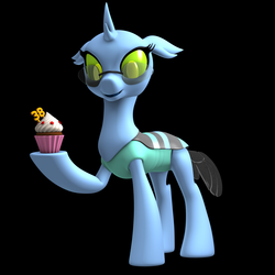 Size: 2000x2000 | Tagged: safe, artist:sketchbookguy27, oc, oc only, oc:stainless key, changeling, birthday, changeling oc, cupcake, food, glasses, high res, solo