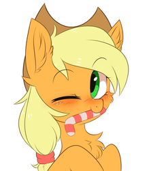 Size: 2896x3350 | Tagged: safe, artist:pesty_skillengton, applejack, earth pony, pony, g4, candy, candy cane, chest fluff, commissioner:raritybro, cute, ear fluff, female, food, high res, jackabetes, mare, one eye closed, simple background, solo, white background, wink, ych result