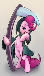 Size: 1281x2177 | Tagged: safe, artist:xbi, pinkie pie, earth pony, pony, g4, bipedal, clothes, female, grim reaper, hooded cape, hoodie, inflatable toy, licking, looking at you, scythe, solo, tabun art-battle finished after, tongue out