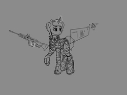 Size: 1260x944 | Tagged: safe, artist:appletree12112, artist:appletree_at, oc, oc only, oc:vera, pony, unicorn, armor, female, futuristic, glowing horn, gray background, grayscale, gun, hologram, horn, magic, mare, monochrome, ponytail, raised hoof, simple background, sketch, solo, telekinesis, weapon