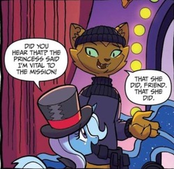 Size: 540x527 | Tagged: safe, idw, capper dapperpaws, trixie, abyssinian, pony, unicorn, g4, my little pony: the movie, nightmare knights, spoiler:comic, beanie, clothes, cropped, hat, sweater, the alley cat, the great and powerful roxy, top hat