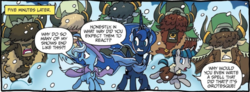 Size: 1280x470 | Tagged: safe, princess luna, stygian, trixie, alicorn, pony, unicorn, yak, g4, cloak, clothes, comic, hat, horn, jewelry, regalia, scarf, snow, speech bubble, trixie's hat, wings