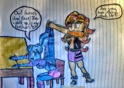 Size: 978x693 | Tagged: safe, sonata dusk, sunset shimmer, equestria girls, equestria girls series, g4, blue unicorn, bully, bullying, clothes, evil, female, lined paper, mean, panties, traditional art, underwear, wedgie
