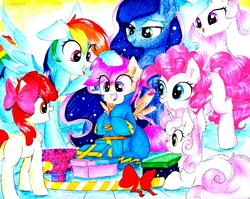 Size: 2063x1641 | Tagged: safe, artist:liaaqila, apple bloom, pinkie pie, princess celestia, princess luna, rainbow dash, scootaloo, sweetie belle, earth pony, pegasus, pony, unicorn, g4, badge, bow, clothes, cutie mark crusaders, female, filly, hair bow, mare, open mouth, present, scootalove, smiling, tongue out, traditional art, uniform, wonderbolts uniform