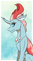 Size: 654x1200 | Tagged: safe, artist:inuhoshi-to-darkpen, ocellus, changedling, changeling, changeling queen, g4, blue background, compound eyes, female, older, older ocellus, queen ocellus, signature, simple background, smiling, solo