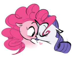 Size: 915x723 | Tagged: safe, artist:hattsy, pinkie pie, rarity, earth pony, pony, unicorn, g4, blushing, cute, eyes closed, female, heart, kissing, lesbian, mare, nose kiss, ship:raripie, shipping, simple background, surprised, white background