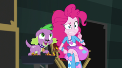 Size: 1912x1072 | Tagged: safe, screencap, pinkie pie, spike, spike the regular dog, dog, equestria girls, equestria girls specials, g4, my little pony equestria girls: movie magic, boots, bracelet, clothes, cringing, crossed legs, female, high heel boots, jewelry, male, shoes, skirt