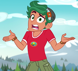Size: 1177x1078 | Tagged: safe, screencap, timber spruce, equestria girls, g4, legend of everfree - bloopers, my little pony equestria girls: legend of everfree, camp everfree logo, camp everfree outfits, clothes, cropped, faic, male, shorts