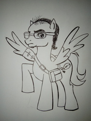 Size: 3264x2448 | Tagged: safe, artist:kenuma, oc, oc only, oc:high stressed, pegasus, pony, bag, bald, black and white, cutie mark, glasses, grayscale, high res, immobilizer, male, monochrome, original character do not steal, solo, stallion