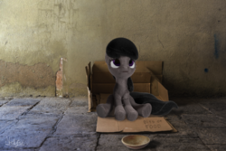 Size: 1695x1132 | Tagged: safe, artist:nebulafactory, octavia melody, earth pony, pony, g4, 3d, begging, blender, box, cute, fluffy, irl, photo, ponies in real life, real life background, sad, sidewalk