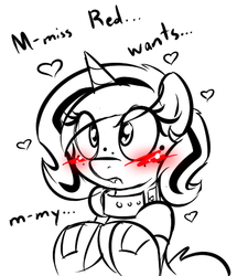 Size: 382x444 | Tagged: safe, artist:zajice, oc, oc only, oc:lilith, pony, arm warmers, ask, blushing, collar, heart, implied futa, open mouth, solo, tumblr