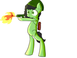 Size: 4600x3450 | Tagged: safe, artist:dumbwoofer, oc, oc:filly anon, earth pony, pony, burn, female, filly, fire, flamethrower, foal, hat, pyro, solo, standing, weapon