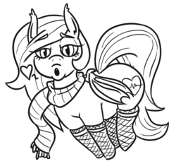 Size: 548x515 | Tagged: safe, artist:jargon scott, oc, oc only, oc:arrhythmia, bat pony, pony, bat pony oc, black and white, clothes, female, fishnet stockings, grayscale, heart, mare, monochrome, open mouth, scarf, simple background, solo, stockings, thigh highs, white background