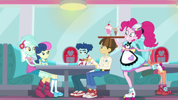 Size: 1920x1080 | Tagged: safe, screencap, bon bon, curly winds, frosty orange, lyra heartstrings, pinkie pie, some blue guy, sweetie drops, wiz kid, coinky-dink world, eqg summertime shorts, equestria girls, g4, adorabon, background human, clothes, converse, cute, diner, female, gay, lesbian, lyrabetes, male, roller skates, server pinkie pie, ship:lyrabon, ship:wizwinds, shipping, shoes, sneakers