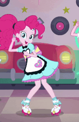 Size: 642x990 | Tagged: safe, screencap, pinkie pie, sunny sugarsocks, tip top, coinky-dink world, equestria girls, g4, my little pony equestria girls: summertime shorts, animated, cropped, cute, dancing, diapinkes, female, gif, looking at you, milkshake malt, roller skates, server pinkie pie, solo, waitress