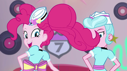Size: 1920x1080 | Tagged: safe, screencap, pinkie pie, sunny sugarsocks, coinky-dink world, equestria girls, g4, my little pony equestria girls: summertime shorts, cute, dancing, diapinkes, female, huggable, looking at you, rear view, server pinkie pie, solo, waitress