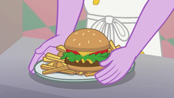 Size: 1920x1080 | Tagged: safe, screencap, grease trap, coinky-dink world, eqg summertime shorts, equestria girls, g4, apron, background human, burger, cheeseburger, clothes, diner uniform, food, french fries, greasy joe, hamburger, male, meat, plate