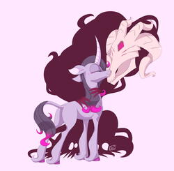 Size: 2230x2189 | Tagged: safe, artist:ogaraorcynder, fhtng th§ ¿nsp§kbl, oleander (tfh), classical unicorn, demon, pony, unicorn, them's fightin' herds, blushing, boop, butt, cloven hooves, community related, curved horn, eyes closed, female, floppy ears, fredeander, high res, horn, interspecies, leonine tail, mare, noseboop, nuzzling, plot, shadow, shipping, simple background, skull, smiling, unshorn fetlocks, white background