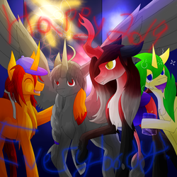 Size: 5800x5800 | Tagged: safe, artist:florarena-kitasatina/dragonborne fox, oc, oc:foxfire, oc:patient care, alicorn, changeling, pony, 2019, :d, absurd resolution, ahoge, alcohol, artificial alicorn, augmented, baseball cap, braid, cap, changeling oc, crooked horn, crossover, curved horn, cute, drool, drunk, fireworks, floppy ears, flying, glass, golden eyes, happy new year, happy new year 2019, hat, holiday, horn, large wings, leaning, leonine tail, messy mane, pastel, ponified, ponytail, raised leg, red and black oc, red eyes, rekka (little buster q), ribbon, signature, slit pupils, spread wings, suguri (suguri), unshorn fetlocks, wall of tags, wat, watermark, whiskey, wings