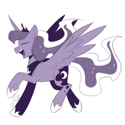 Size: 750x750 | Tagged: safe, artist:cosmalumi, princess luna, alicorn, pony, g4, crown, cute, ethereal mane, eyes closed, female, hoof shoes, jewelry, limited palette, lunabetes, mare, monochrome, open mouth, profile, regalia, simple background, sketch, solo, starry mane, white background