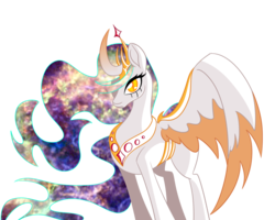 Size: 1280x1024 | Tagged: safe, artist:puddingskinmcgee, princess celestia, alicorn, pony, g4, alternate eye color, crown, curved horn, ethereal mane, female, galaxy mane, gradient horn, hair over one eye, horn, jewelry, mare, newbie artist training grounds, redesign, regalia, simple background, slit pupils, solo, transparent background, two toned wings