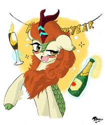 Size: 2100x2500 | Tagged: safe, artist:radiancebreaker, autumn blaze, kirin, g4, sounds of silence, alcohol, blushing, champagne, cider, drunk, drunk bubbles, drunk kirin, female, happy new year, high res, holiday, magic, open mouth, raised hoof, solo, wine
