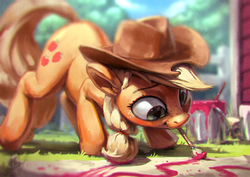 Size: 1200x850 | Tagged: safe, artist:assasinmonkey, applejack, earth pony, pony, :t, brush, cowboy hat, cute, digital painting, drawing, ear fluff, face down ass up, female, floppy ears, freckles, hat, jackabetes, looking down, mare, mouth hold, paint bucket, paint in hair, paintbrush, painting, raised leg, silly, silly pony, smiling, solo, stetson
