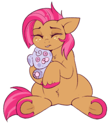 Size: 649x716 | Tagged: safe, artist:lulubell, babs seed, earth pony, pony, g4, crying, cuddling, eyes closed, female, filly, frog (hoof), lip bite, plushie, scared, simple background, solo, teary eyes, transparent background, underhoof