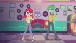 Size: 800x450 | Tagged: safe, screencap, alizarin bubblegum, celery stalk, coinky-dink world, eqg summertime shorts, equestria girls, g4, alizary, animated, background human, clothes, dancing, female, gif, glasses, jukebox, male, pants, shipping, shoes, smiling, straight