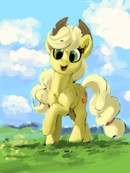 Size: 1536x2048 | Tagged: safe, artist:dimfann, applejack, earth pony, pony, g4, cowboy hat, female, grass, grass field, hat, mare, open mouth, raised hoof, solo, stetson