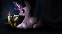 Size: 1024x557 | Tagged: safe, artist:wolftendragon, twilight sparkle, alicorn, pony, g4, adorkable, book, candle, cute, dork, magic, prone, reading, twilight sparkle (alicorn)