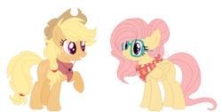 Size: 925x465 | Tagged: safe, artist:bezziie, applejack, fluttershy, pony, g4, alternate hairstyle, base used, glasses, older, scar, simple background, transparent background