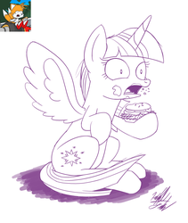 Size: 1263x1500 | Tagged: safe, artist:fuzon-s, twilight sparkle, alicorn, pony, g4, twilight time, burger, coughing, crossover, female, food, hay burger, male, mare, messy eating, miles "tails" prower, parody, shrunken pupils, sitting, sketch, solo, sonic mania, sonic mania adventure, sonic the hedgehog, sonic the hedgehog (series), twilight burgkle, twilight sparkle (alicorn)