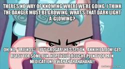 Size: 800x443 | Tagged: safe, edit, screencap, cozy glow, pegasus, pony, g4, season 9, caption, female, filly, image macro, implied grogar, insanity, meme, poem, text