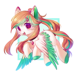 Size: 2000x2000 | Tagged: safe, artist:leafywind, oc, oc only, pegasus, pony, abstract background, colored hooves, colored pupils, colored wings, colored wingtips, commission, cute, cute little fangs, fangs, female, flying, hairband, hairpin, high res, jewelry, looking at you, mare, ocbetes, open mouth, pendant, smiling, solo, spread wings, starry eyes, tail band, wingding eyes, wings