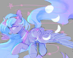 Size: 2500x2000 | Tagged: safe, artist:leafywind, princess luna, alicorn, pony, g4, crown, female, flying, gray background, high res, jewelry, mare, moon, open mouth, regalia, simple background, sketch, smiling, solo, spread wings, stars, wings