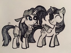 Size: 1280x960 | Tagged: safe, artist:aperaturescience, rarity, twilight sparkle, alicorn, pony, unicorn, rarilightbomb, friendship university, g4, alternate hairstyle, disguise, eyepatch, eyepatch (disguise), female, grayscale, lesbian, monochrome, plainity, ship:rarilight, shipping, smiling, traditional art, twilight sparkle (alicorn)