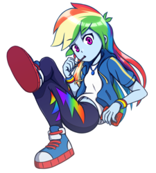 Size: 1800x2000 | Tagged: safe, artist:rockset, rainbow dash, equestria girls, equestria girls series, g4, belly button, clothes, converse, female, food, geode of super speed, looking at you, magical geodes, pants, pocky, raised leg, shirt, shoes, simple background, sneakers, solo, tomboy, white background
