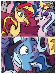 Size: 3106x4096 | Tagged: safe, artist:tony fleecs, edit, idw, starlight glimmer, sunset shimmer, trixie, pony, unicorn, g4, my little pony: nightmare knights, spoiler:comic, the great and powerful roxy