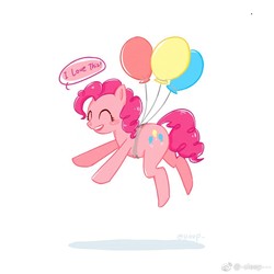 Size: 960x960 | Tagged: source needed, useless source url, safe, artist:sleep, pinkie pie, earth pony, pony, g4, balloon, female, floating, love, mare, solo, then watch her balloons lift her up to the sky