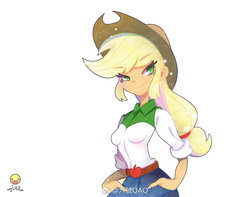 Size: 1050x827 | Tagged: safe, alternate version, artist:qaq, applejack, equestria girls, g4, belt, boots, clothes, cowboy hat, denim skirt, female, freckles, hat, shoes, skirt, solo, stetson