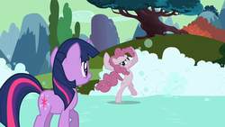Size: 1280x720 | Tagged: safe, screencap, pinkie pie, twilight sparkle, g4, the return of harmony, bipedal, discorded, soap, soap bubble, tree