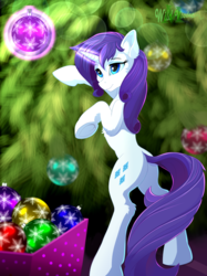 Size: 2000x2667 | Tagged: safe, artist:wildviolet-m, rarity, pony, unicorn, g4, bipedal, bipedal leaning, christmas, christmas decoration, christmas ornament, christmas tree, decoration, female, glowing horn, high res, holiday, horn, leaning, magic, mare, solo, tree
