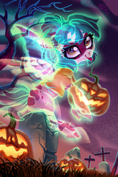 Size: 1378x2067 | Tagged: safe, artist:holivi, oc, oc only, ghost, pony, clothes, commission, costume, female, ghost costume, halloween, halloween costume, holiday, jack-o-lantern, mare, mask, pumpkin, smiling, solo, tongue out